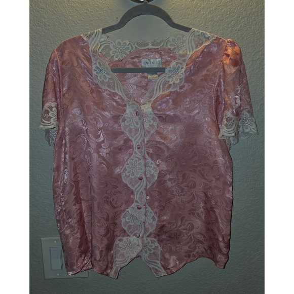 Partners Mervyns Other - Vintage Partners Mervyns Pink Satin Jacquard Lace Trim Pajama Set Sz Med